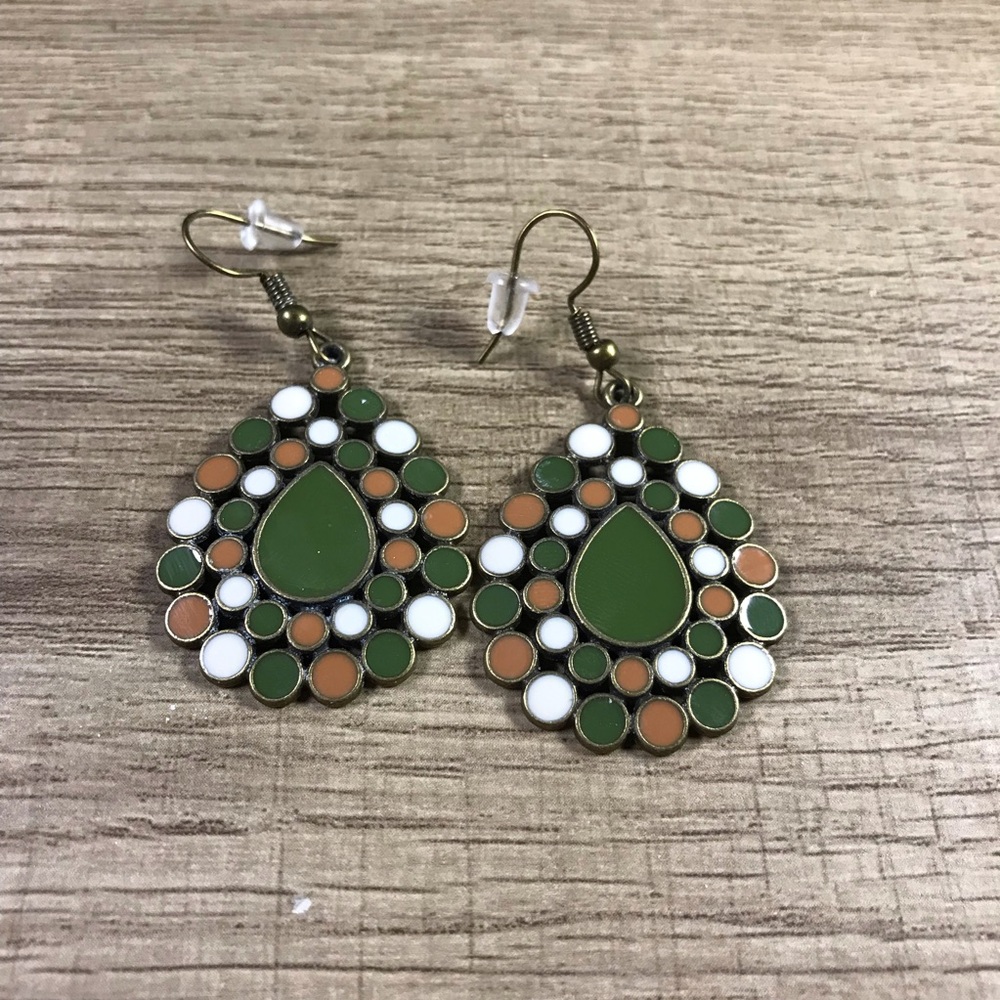 Vintage Retro 70s Green and Brown Teardrop Earrings